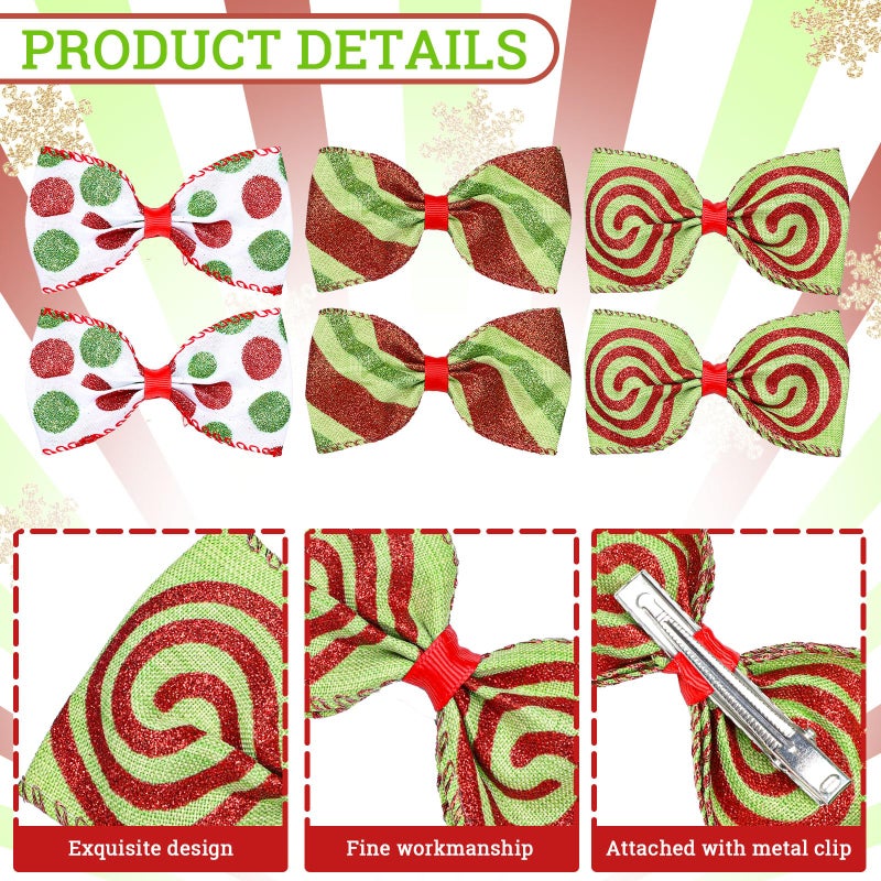 Whaline 6Pcs Christmas Red Green Hair Bow Clips Xmas Funny Cartoon Character Hair Barrettes Glitter Polka Dot Stripe Alligator Clips for Holiday Party Hair Accessories - Image 3