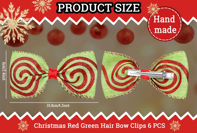 Whaline 6Pcs Christmas Red Green Hair Bow Clips Xmas Funny Cartoon Character Hair Barrettes Glitter Polka Dot Stripe Alligator Clips for Holiday Party Hair Accessories - Image 2