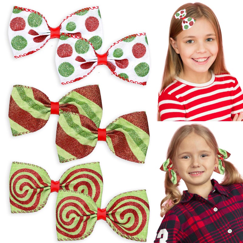 Whaline 6Pcs Christmas Red Green Hair Bow Clips Xmas Funny Cartoon Character Hair Barrettes Glitter Polka Dot Stripe Alligator Clips for Holiday Party Hair Accessories - Image 1