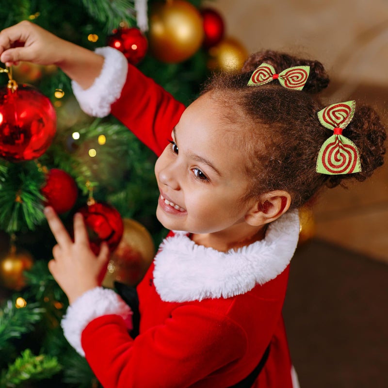 Whaline 6Pcs Christmas Red Green Hair Bow Clips Xmas Funny Cartoon Character Hair Barrettes Glitter Polka Dot Stripe Alligator Clips for Holiday Party Hair Accessories - Image 5