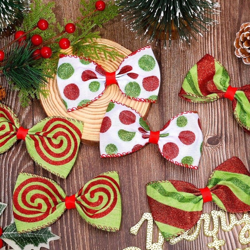 Whaline 6Pcs Christmas Red Green Hair Bow Clips Xmas Funny Cartoon Character Hair Barrettes Glitter Polka Dot Stripe Alligator Clips for Holiday Party Hair Accessories - Image 4
