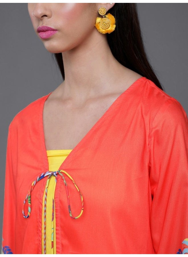 AKS Orange & Yellow Abstrac Printed Top & Palazzo With Jacket Set  - Image 2