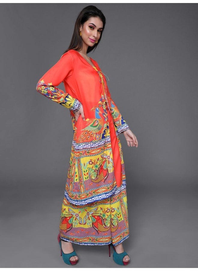 AKS Orange & Yellow Abstrac Printed Top & Palazzo With Jacket Set  - Image 4