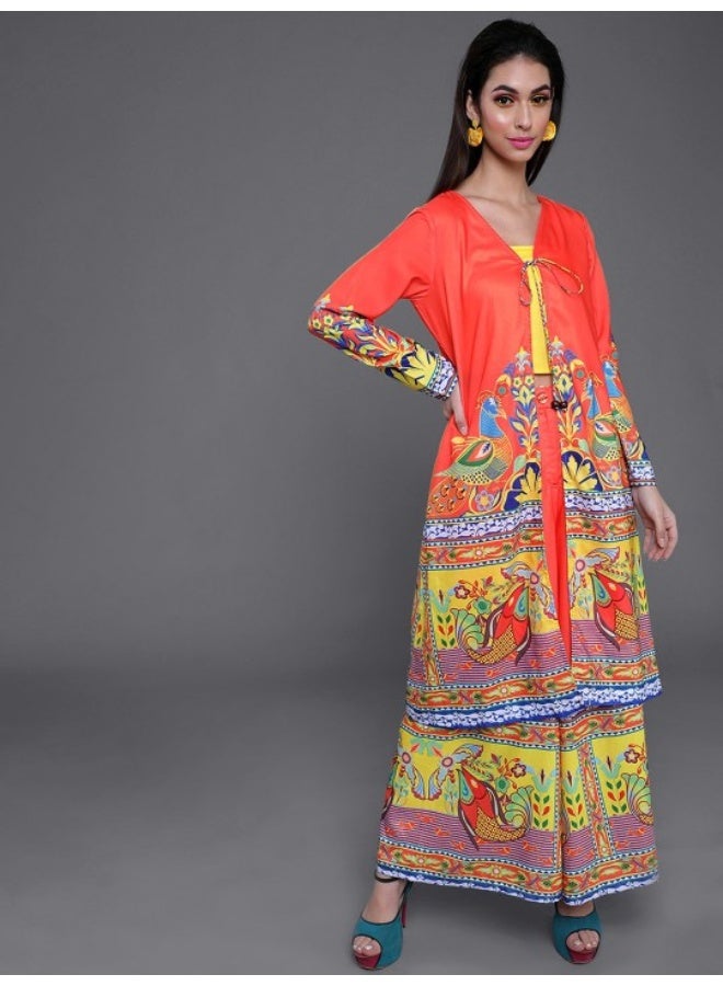 AKS Orange & Yellow Abstrac Printed Top & Palazzo With Jacket Set  - Image 1