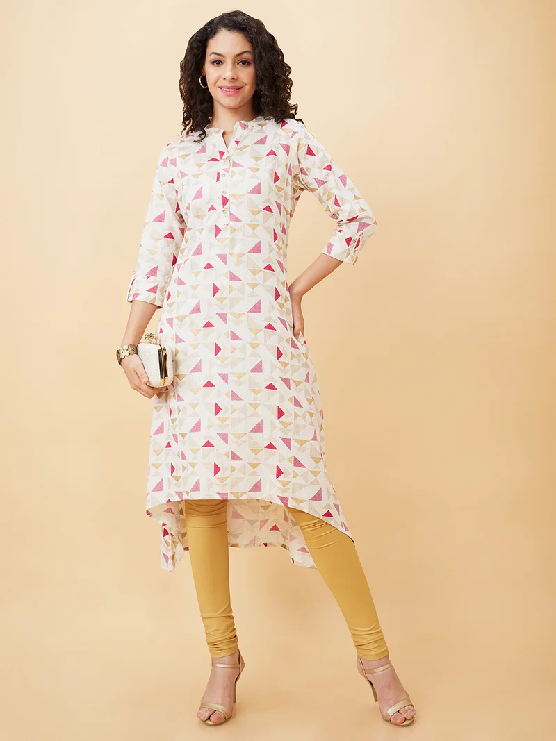 Women Off White & Pink Geometric Printed Mandarin Collar Cotton A-Line Kurta