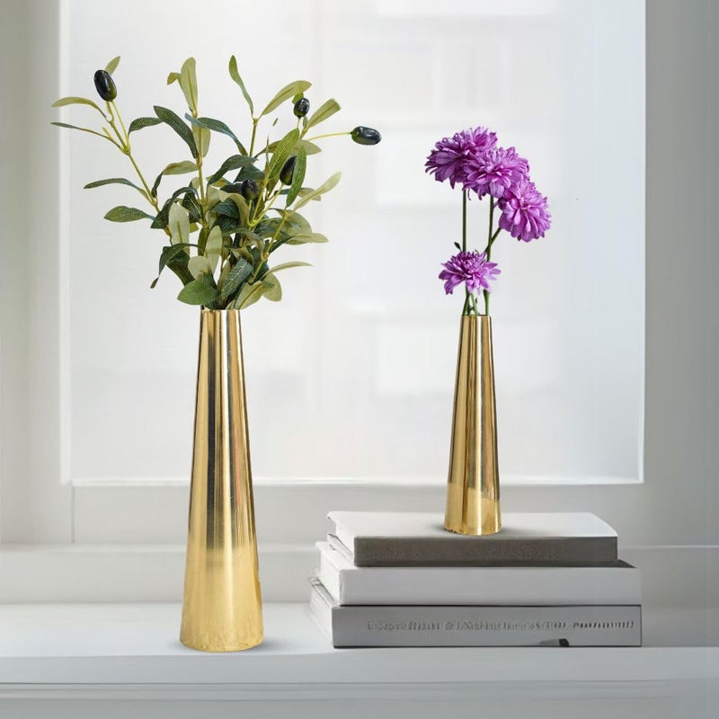 BEHOMA Golden Metal Slim Cone, 8" & 10.6" Flower Vase for Home Decor Bedroom Living Room Office Wedding Table Decorative Item for Festivals Birthday Valentine's Day (Flower Not Included) (Set of 2) - Image 4