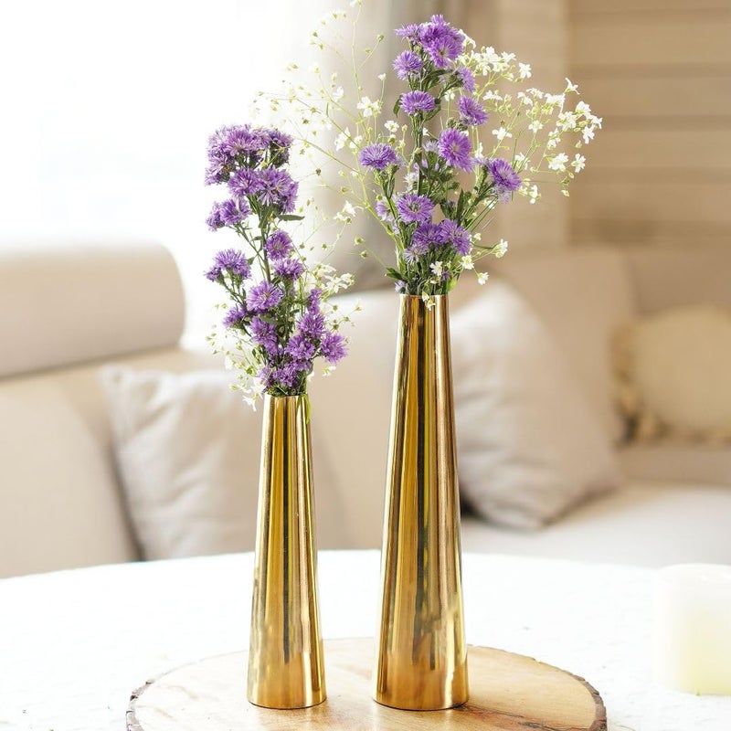 BEHOMA Golden Metal Slim Cone, 8" & 10.6" Flower Vase for Home Decor Bedroom Living Room Office Wedding Table Decorative Item for Festivals Birthday Valentine's Day (Flower Not Included) (Set of 2) - Image 2