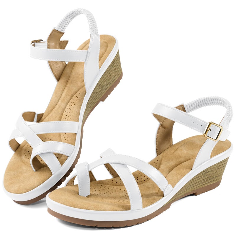 Aomigoct Dressy Womens Wedge Sandals: White 8 Comfortable Platform Work Sandals for Women 2026 - Elastic Back Strap Casual Walking Wedding Shoes - Image 1