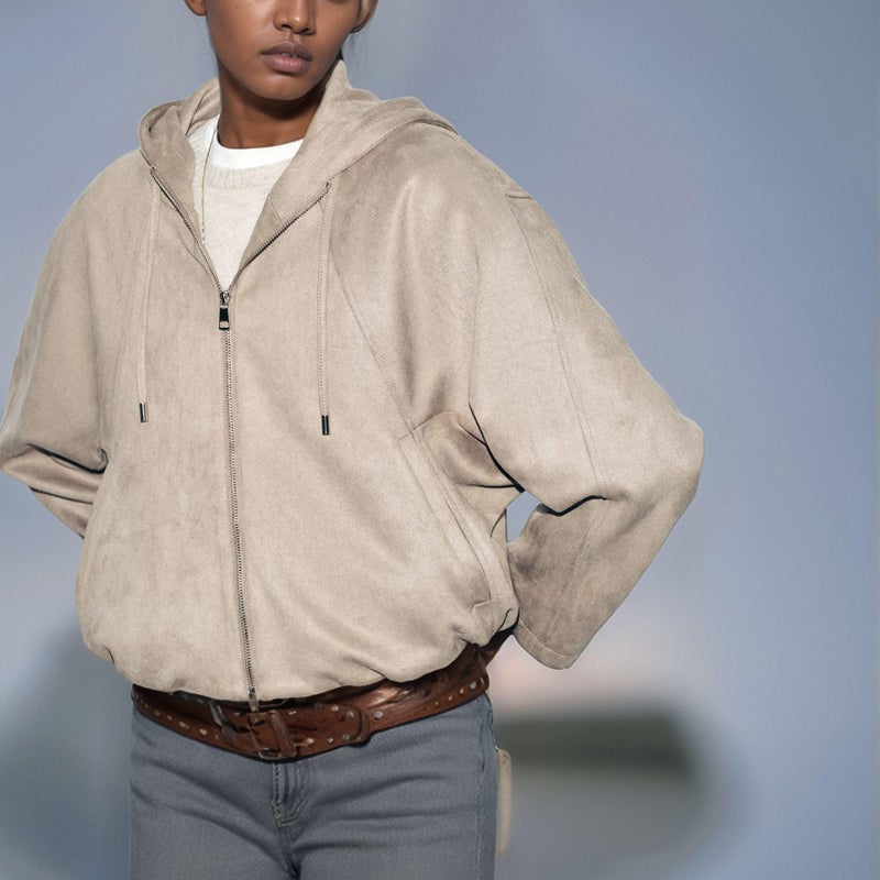 Xunger Women's Faux Suede Drawstring Hooded Jacket Bomber Casual Solid Color Zipper Outerwear with Pockets(1111-Apricot-M-RD) - Image 3