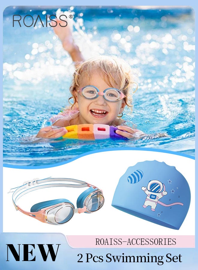 رويس طقم نظارة سباحة وقبعة للأطفال مكون من قطعتين، نظارة سباحة عالية الدقة مضادة للضباب مع حشية مقاومة للماء وقبعة سباحة من السيليكون، معدات تدريب على السباحة في حمام السباحة والشاطئ للأولاد والبنات من سن 3 إلى 15 عامًا - Image 1