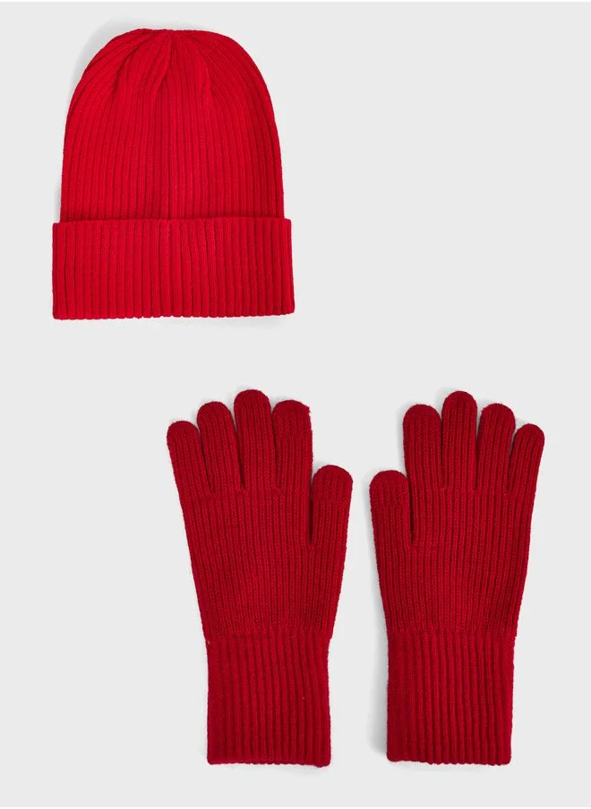 Ginger Turn Up Ribbed Winter Beanie & Glove Set