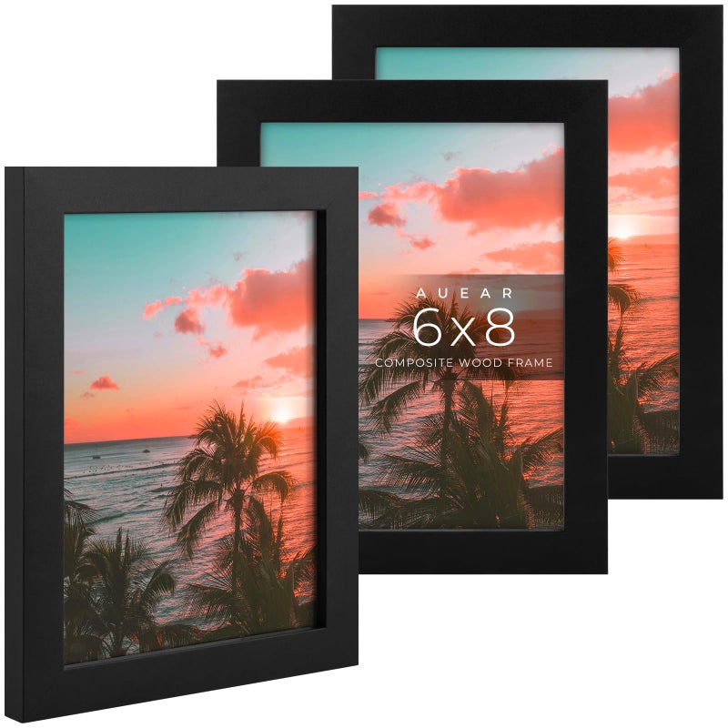 AUEAR  6x8 Picture Frames Set of 3  with Mat for 4x6 or 6x8 without Mat  Engineered Wood Photo Frames with Plexiglass  for Wall or Tabletop Display (Black) - Image 1