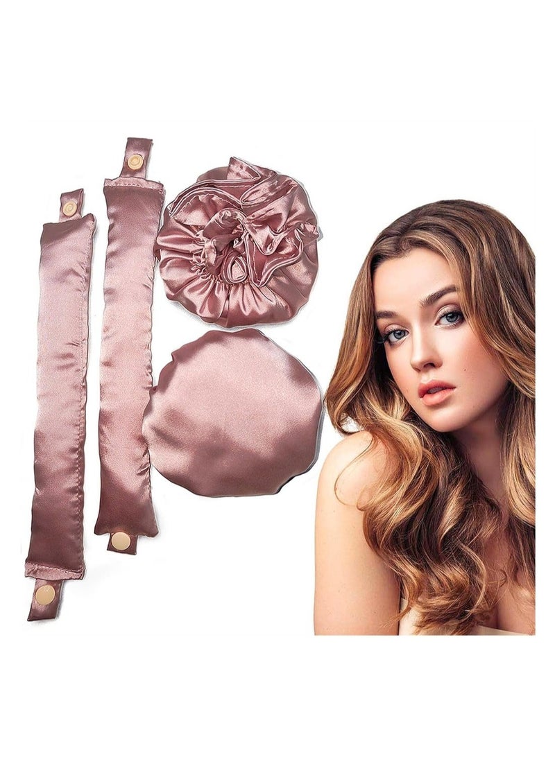 Captaintech Satin Heatless Hair Curler 4 Pack Pillow Soft Rollers with Hair Caps Soft Heatless Curling Rod Headband for All Hair Types No Heat Curlers to Sleep, Overnight Heatless Curls Headband Pink - Image 1