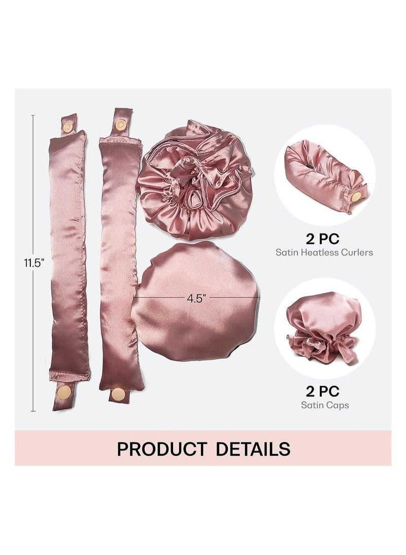 Captaintech Satin Heatless Hair Curler 4 Pack Pillow Soft Rollers with Hair Caps Soft Heatless Curling Rod Headband for All Hair Types No Heat Curlers to Sleep, Overnight Heatless Curls Headband Pink - Image 2