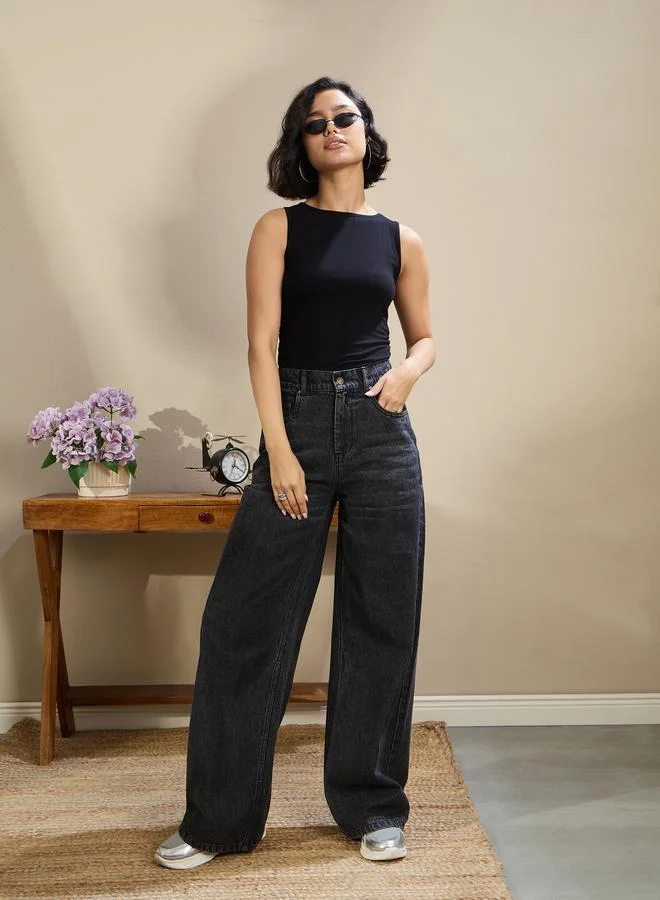 SASSAFRAS Sassafras Black Jersey Sleeveless Ruched Crop Top