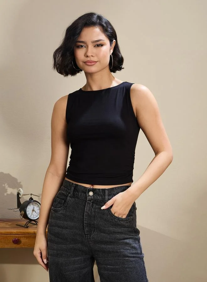 SASSAFRAS Sassafras Black Jersey Sleeveless Ruched Crop Top