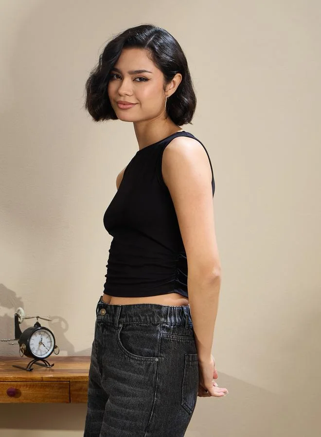 SASSAFRAS Sassafras Black Jersey Sleeveless Ruched Crop Top