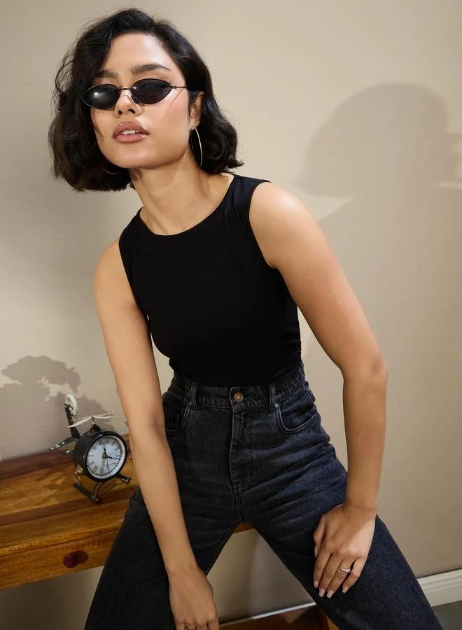 SASSAFRAS Sassafras Black Jersey Sleeveless Ruched Crop Top