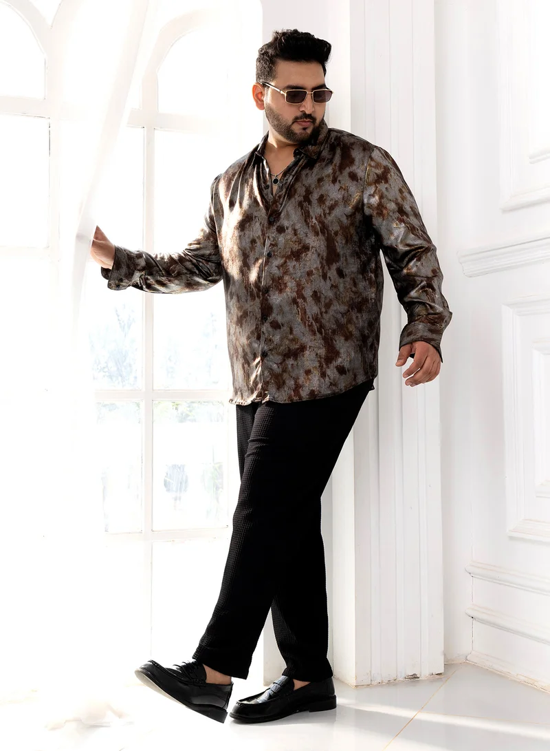 Instafab Plus Instafab Plus Men's Brown & Grey Metallic-Pigment Shirt For Casual Wear | Spread Collar | Long Cuffed Sleeves | Button Closure | Plus Size Shirt Crafted With Comfort Fit For Everyday Wear