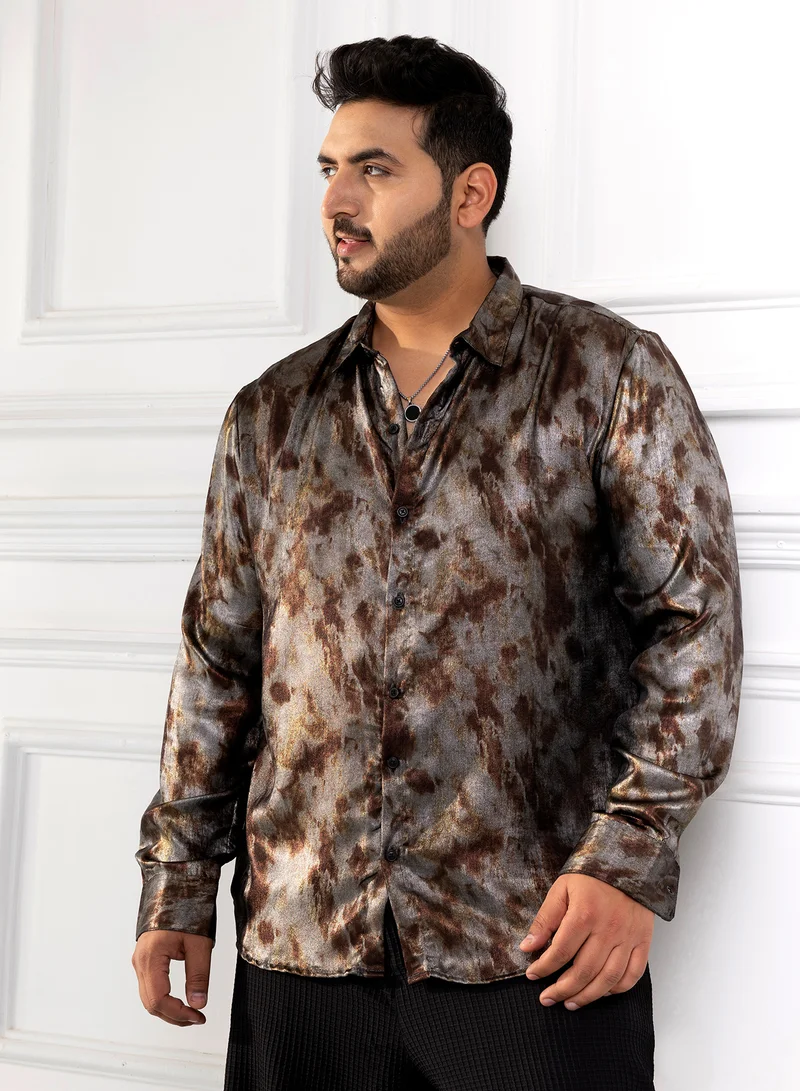 Instafab Plus Instafab Plus Men's Brown & Grey Metallic-Pigment Shirt For Casual Wear | Spread Collar | Long Cuffed Sleeves | Button Closure | Plus Size Shirt Crafted With Comfort Fit For Everyday Wear