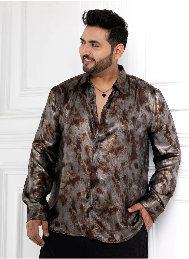 انستافاب بلس Instafab Plus Men's Brown & Grey Metallic-Pigment Shirt For Casual Wear | Spread Collar | Long Cuffed Sleeves | Button Closure | Plus Size Shirt Crafted With Comfort Fit For Everyday Wear