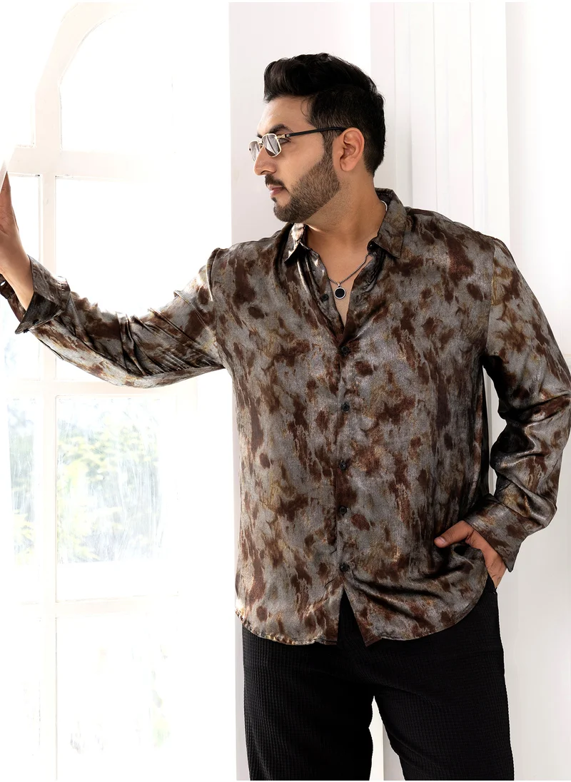 انستافاب بلس Instafab Plus Men's Brown & Grey Metallic-Pigment Shirt For Casual Wear | Spread Collar | Long Cuffed Sleeves | Button Closure | Plus Size Shirt Crafted With Comfort Fit For Everyday Wear