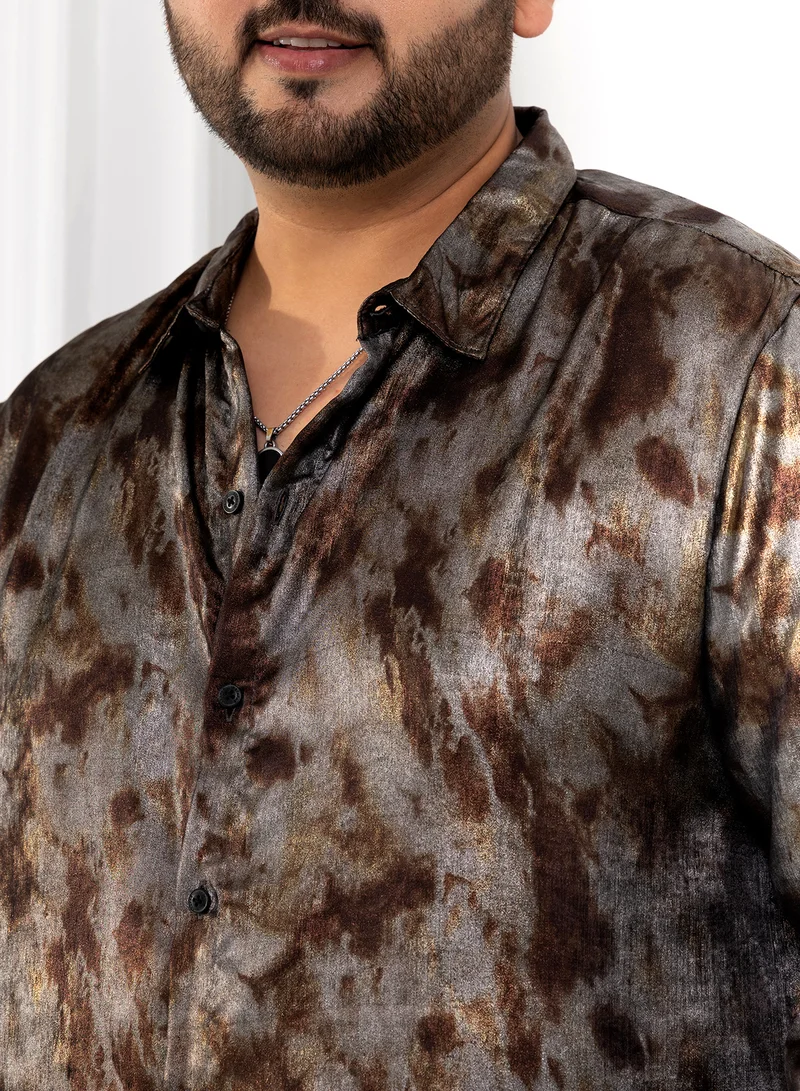 Instafab Plus Instafab Plus Men's Brown & Grey Metallic-Pigment Shirt For Casual Wear | Spread Collar | Long Cuffed Sleeves | Button Closure | Plus Size Shirt Crafted With Comfort Fit For Everyday Wear