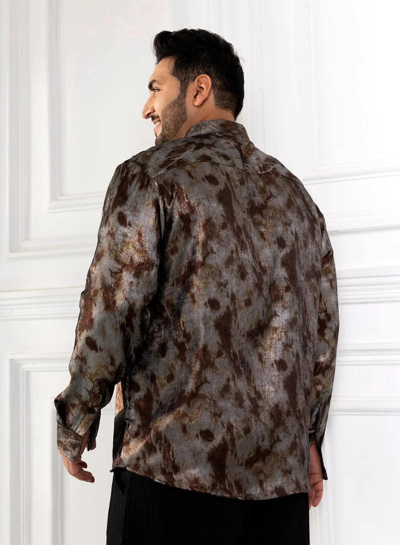 Instafab Plus Instafab Plus Men's Brown & Grey Metallic-Pigment Shirt For Casual Wear | Spread Collar | Long Cuffed Sleeves | Button Closure | Plus Size Shirt Crafted With Comfort Fit For Everyday Wear