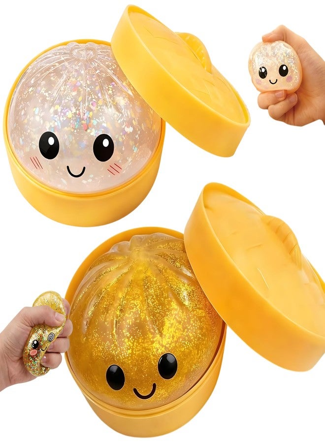 Lemoneon Glitter Dumpling Squishy Mystery Box 2 Pcs - 2026 Upgraded Dumplings Squishes for Adults Teens Squeeze Easter Basket Stuffers & Stocking Stuff Smiling White and Gold - Image 1