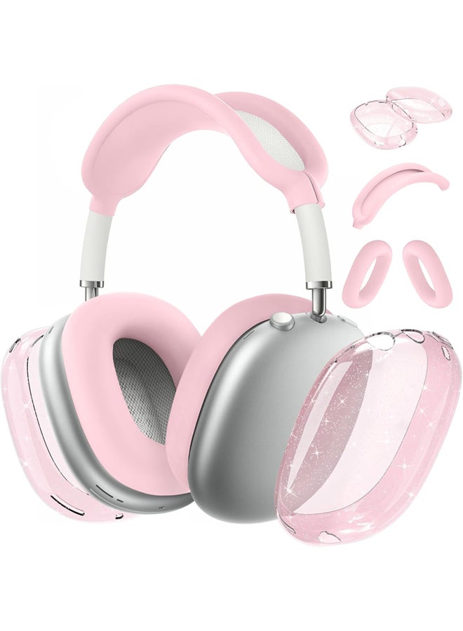 SJet Silicone Case Cover for AirPods Max Headphones, Clear Soft TPU Ear Cups Cover/Ear Pad Case Cover/Headband Cover for AirPods Max (2024/2020) - Pink Glitter - Image 1