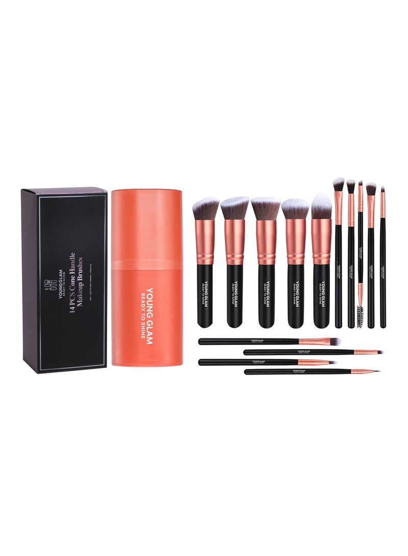 Young Glam Premium Synthetic 14-Piece Rose Gold Makeup Brush Set, Vegan Synthetic Face & Eye Brush Kit with Carry Case for Foundation, Concealer, Powder, Eyeshadow & Blending - Image 1