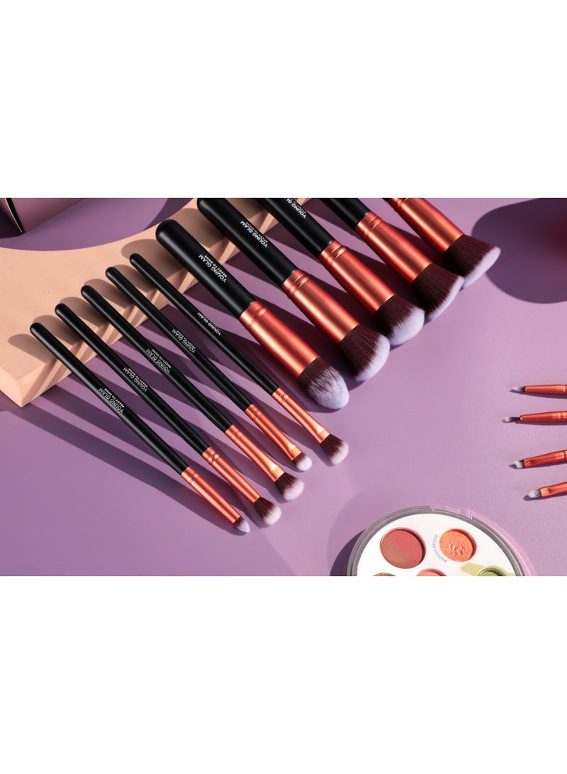 Young Glam Premium Synthetic 14-Piece Rose Gold Makeup Brush Set, Vegan Synthetic Face & Eye Brush Kit with Carry Case for Foundation, Concealer, Powder, Eyeshadow & Blending - Image 2