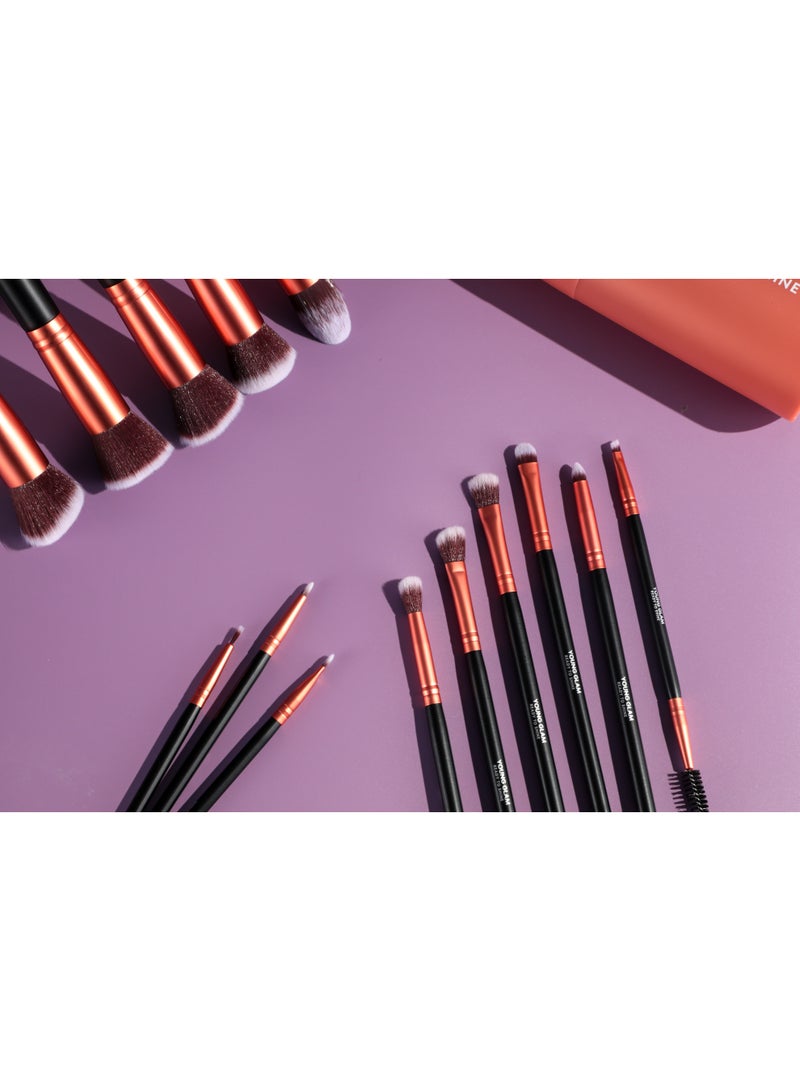Young Glam Premium Synthetic 14-Piece Rose Gold Makeup Brush Set, Vegan Synthetic Face & Eye Brush Kit with Carry Case for Foundation, Concealer, Powder, Eyeshadow & Blending - Image 3