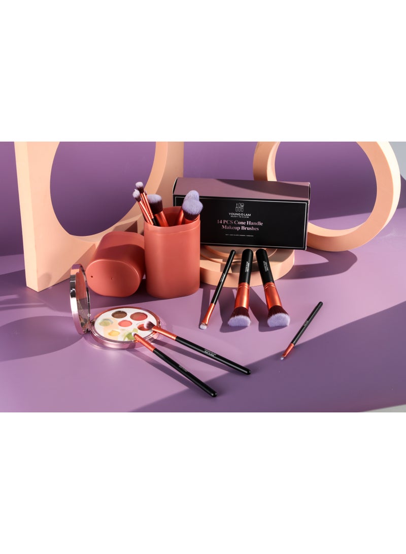 Young Glam Premium Synthetic 14-Piece Rose Gold Makeup Brush Set, Vegan Synthetic Face & Eye Brush Kit with Carry Case for Foundation, Concealer, Powder, Eyeshadow & Blending - Image 5