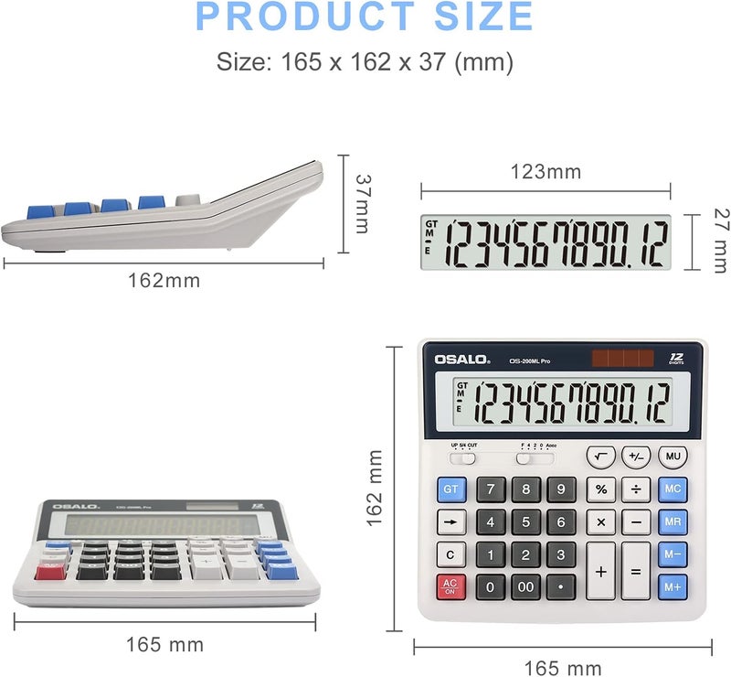OSALO Calculator Extra Large Display Solar Big Buttons 12 Digits Desktop Accounting Calculator for Office Business (OS-200ML) - Image 3