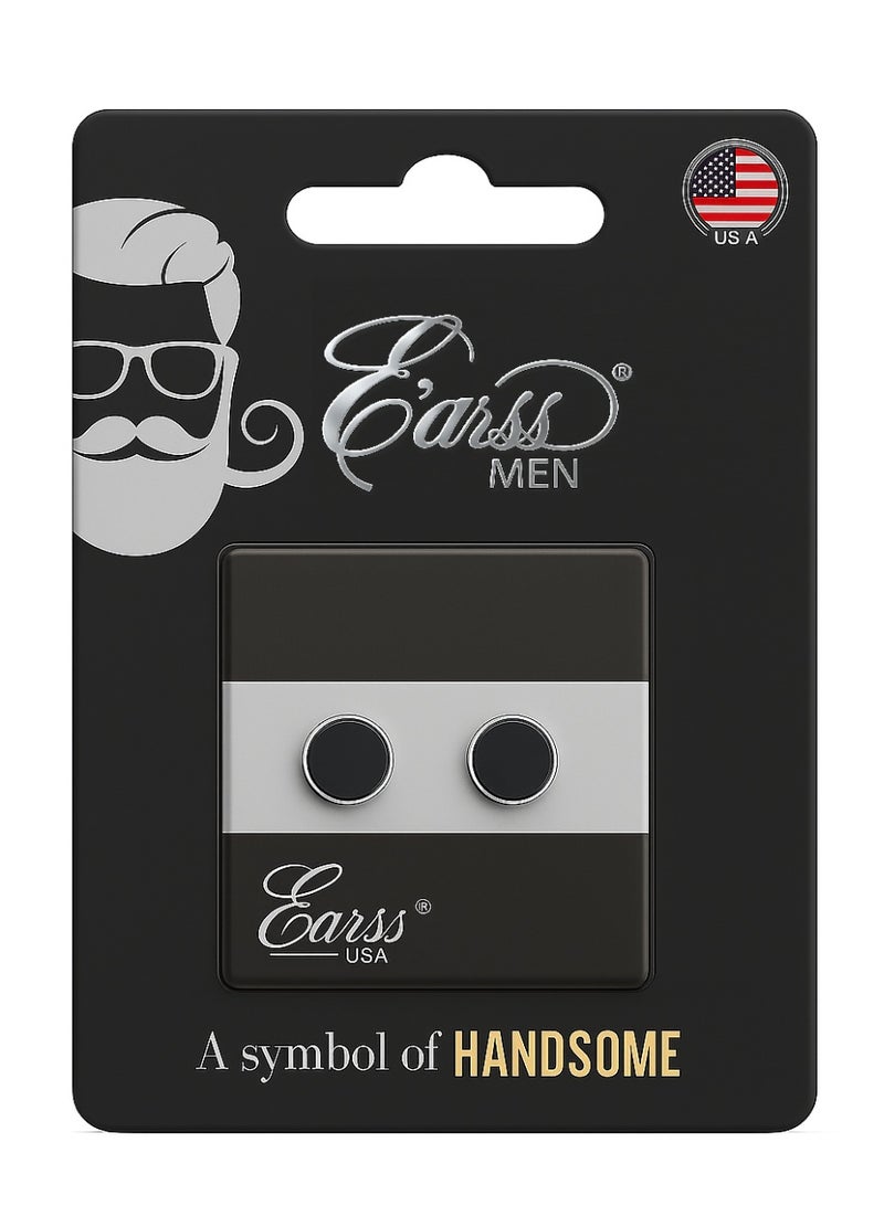 Earss Magnetic Studs For Men | Round Black Stainless Steel Clip-On Studs | Silver Rim | Greek Key Pattern | Strong Magnet | No Piercing | Nickel-Free | Anti-Allergy | Premium USA Design - Image 2