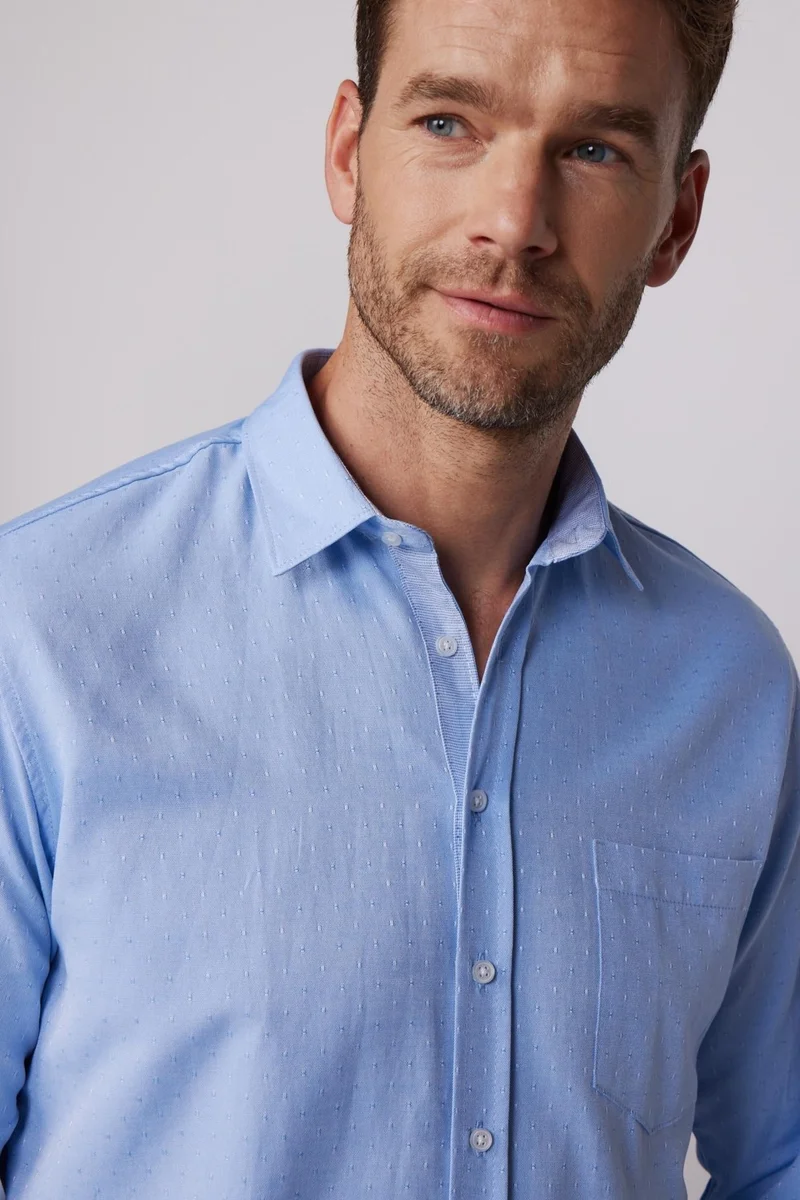 Tudors Classic Fit Sport Collar Dobby Oxford Garnished Blue Men's Shirt