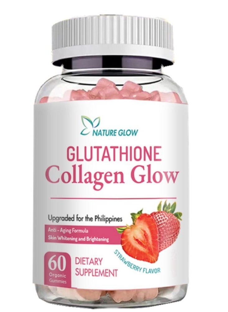 ناشر جلو توهج الطبيعة الجلوتاثيون والكولاجين | علكات مضادة للشيخوخة وتبييض البشرة (نكهة الفراولة، 30 علكة عضوية)