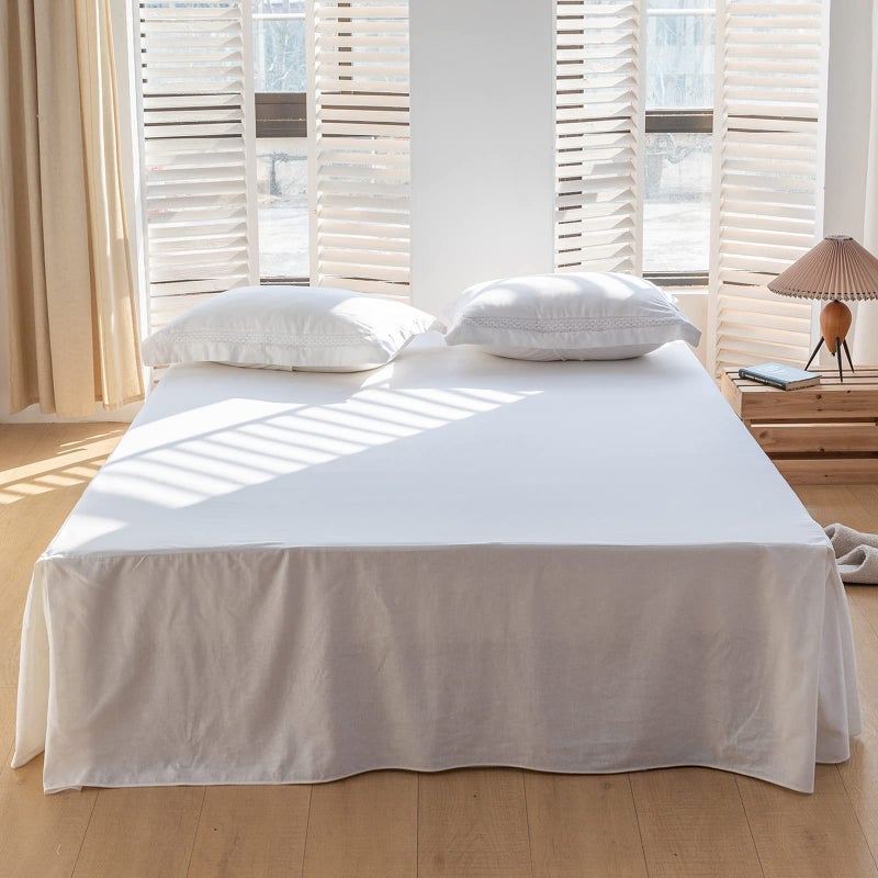 BISELINA BISELINA French Linen Bed Skirt with Pleated Corner 22-Inch Tailored Drop Natural Flax Cotton Blend Basic Dust Ruffle Soft Cozy Farmhouse Bedding (22"" Queen  Basic White)  - Image 1