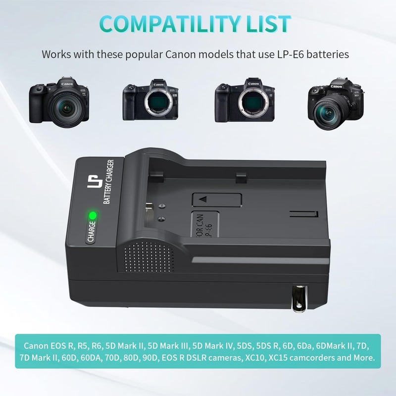 L & P -E6 E6N Battery Charger, Charger Compatible with Canon EOS 90D, 80D, 70D, 60D, 60DA, 7D Mark II, 7D, 6D Mark II, 6D, 5D Mark IV, 5D Mark III, 5D Mark II, 5DS, 5DS R, R5, R6 DSLR Cameras & More - Image 2