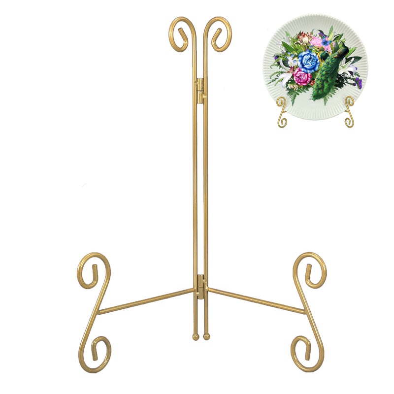 HEMYLU Gold Plate Stand 12 Inch Decorative Holder for Displaying Platters HeavyDuty Metal Easel Stand for Picture Photo Frame Books and Round Objects 2Packs