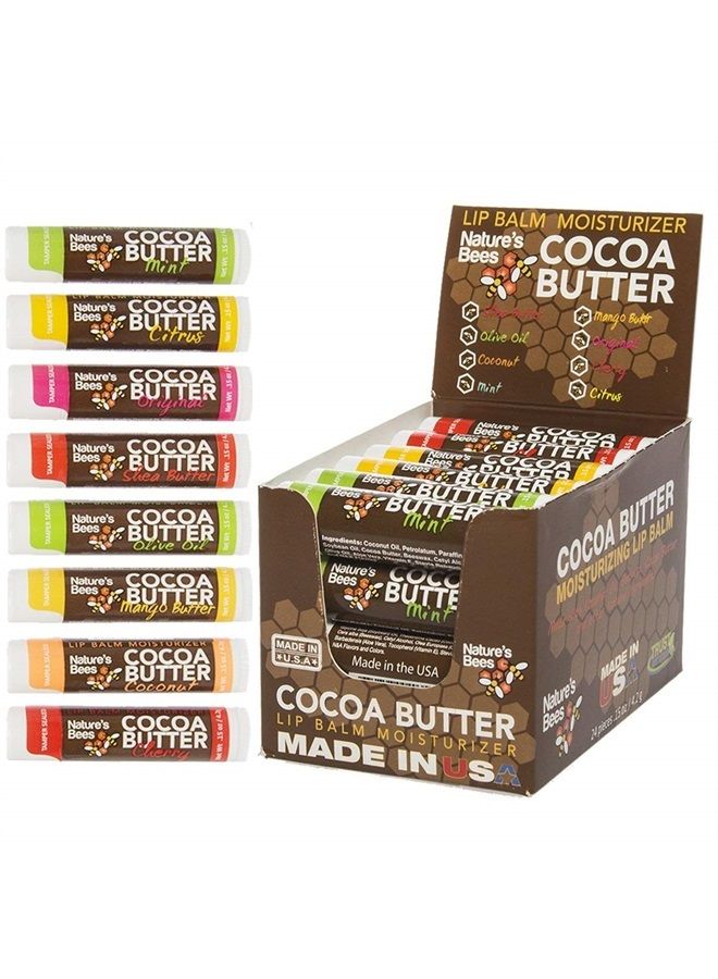 Nature's Bees (24 Count, 8 Flavors) Cocoa Butter Flavored Lip Balm Tubes Set Bulk Assortment Natural Chap Treatment Moisturizer For Very Dry Lips - Image 1