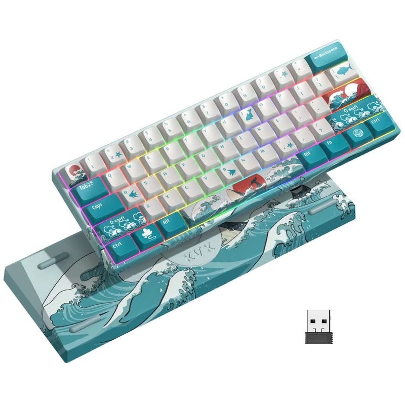 HITIME XVX M61 60% Mechanical Keyboard Wireless, Ultra-Compact 2.4G Rechargeable Gaming Keyboard, RGB Backlit Ergonomic Keyboard for Windows Mac PC Gamers(Coral Sea Theme, Gateron Yellow Switch) - Image 1