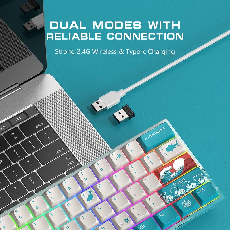 HITIME XVX M61 60% Mechanical Keyboard Wireless, Ultra-Compact 2.4G Rechargeable Gaming Keyboard, RGB Backlit Ergonomic Keyboard for Windows Mac PC Gamers(Coral Sea Theme, Gateron Yellow Switch) - Image 2