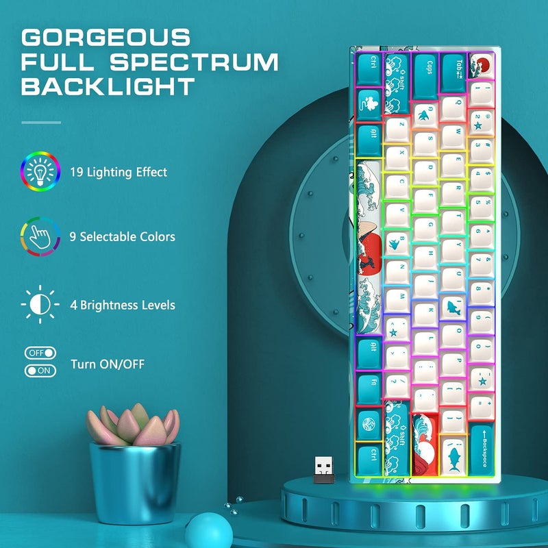 HITIME XVX M61 60% Mechanical Keyboard Wireless, Ultra-Compact 2.4G Rechargeable Gaming Keyboard, RGB Backlit Ergonomic Keyboard for Windows Mac PC Gamers(Coral Sea Theme, Gateron Yellow Switch) - Image 4