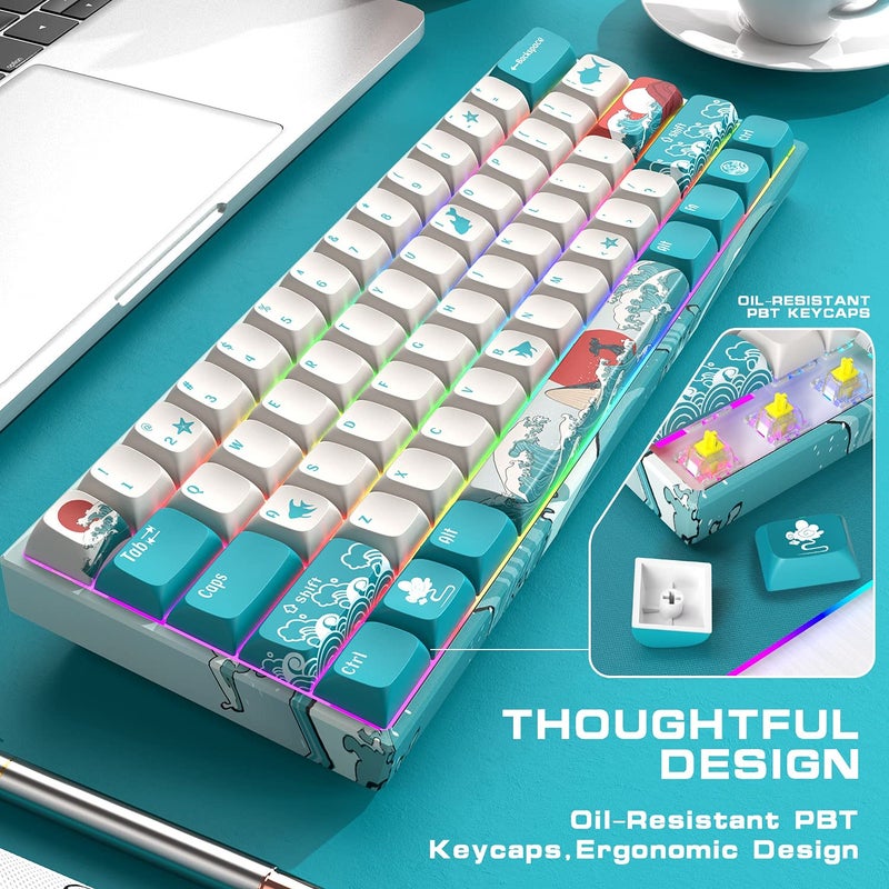 HITIME XVX M61 60% Mechanical Keyboard Wireless, Ultra-Compact 2.4G Rechargeable Gaming Keyboard, RGB Backlit Ergonomic Keyboard for Windows Mac PC Gamers(Coral Sea Theme, Gateron Yellow Switch) - Image 5