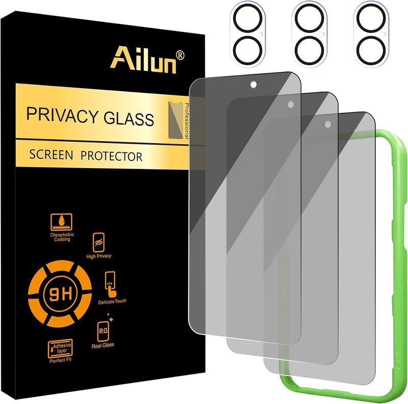 Ailun 3 Pack Privacy Screen Protector for iPhone 17 [6.3 inch]+ 3 Pack Camera Lens Protector with Installation Frame,Dynamic Island Compatible,Anti Spy Tempered Glass[9H Hardness]-HD - Image 1