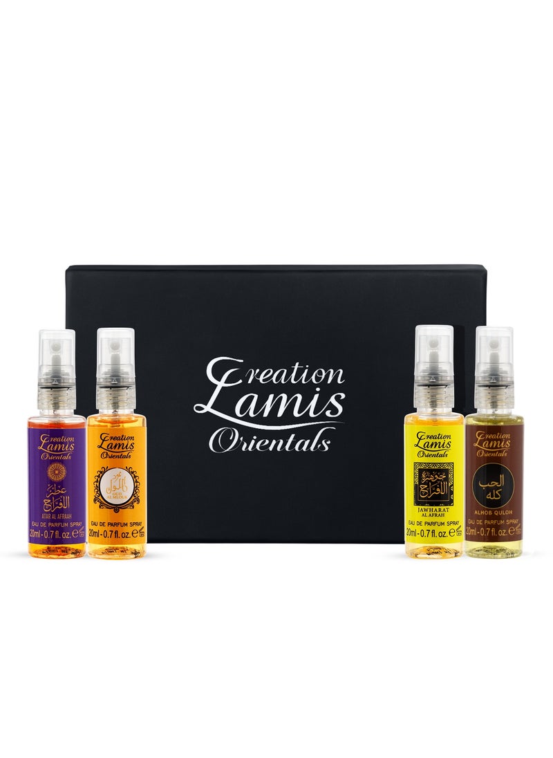 Creation Lamis Orientals Men Eau De Parfum Gift Set 4x20ml - Atar AL Afraah, Jawharat AL Afraah, Oud AL Mlouk, Alhob Quloh | Long-Lasting Floral, Bergamot, Fresh and Green Spicy Notes  - Image 1