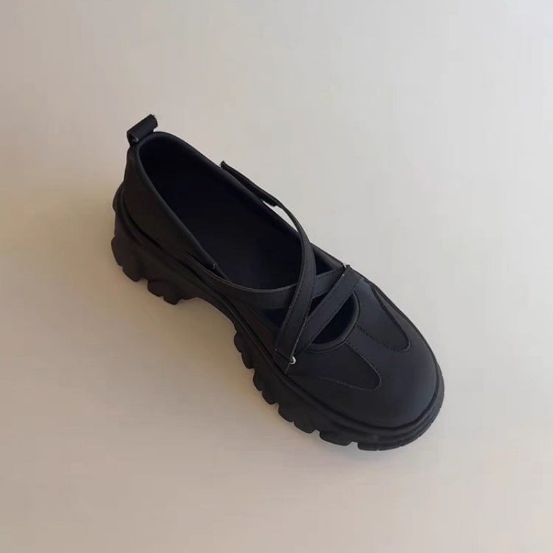 Soft Leather Version ~ Retro Thick-Soled Heightening Round-Toe Mary Jane Shoes, Versatile Cross-Strap Soft Leather Ballet-Style Small Leather Shoes - Image 1