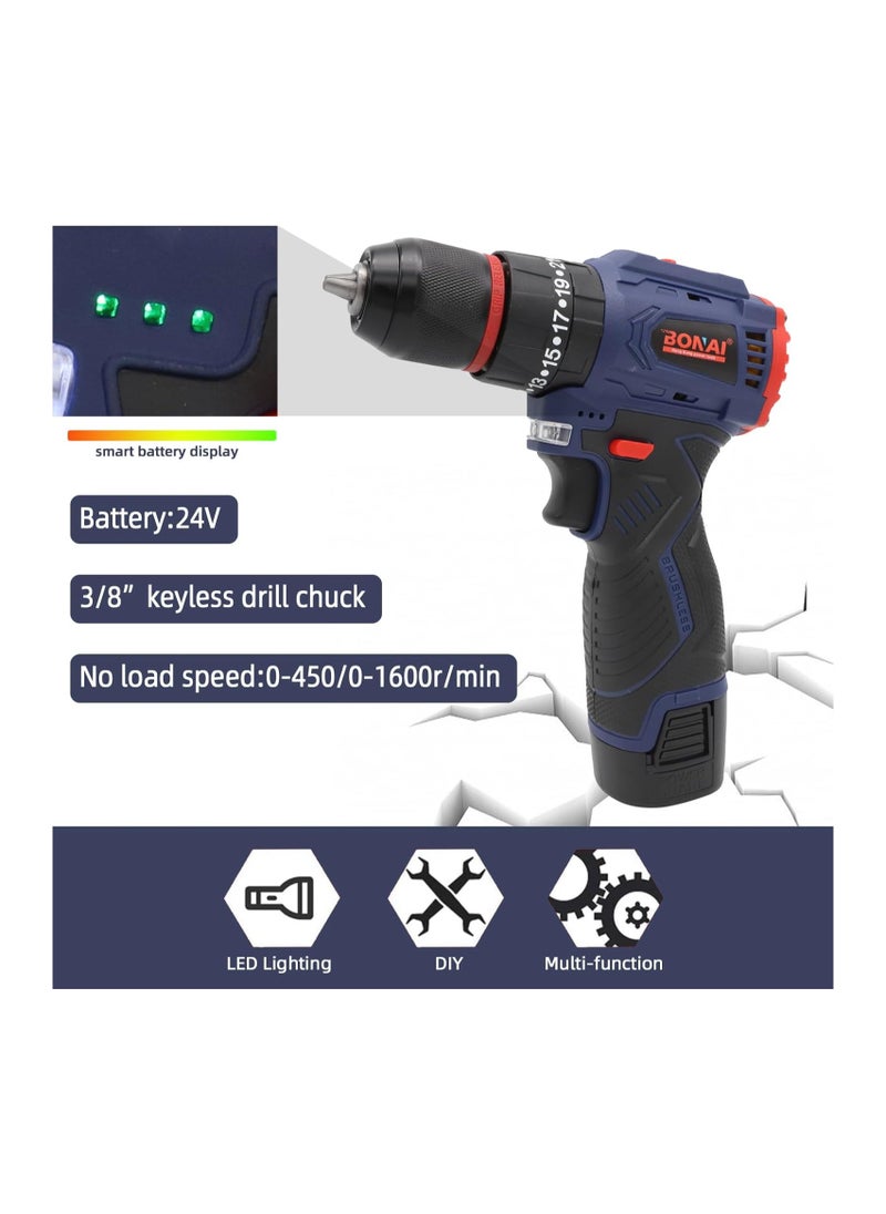 Bonai 24V Max Battery Operated Drill Machine with Integrated Torch, 2 Batteries, Accessory Set